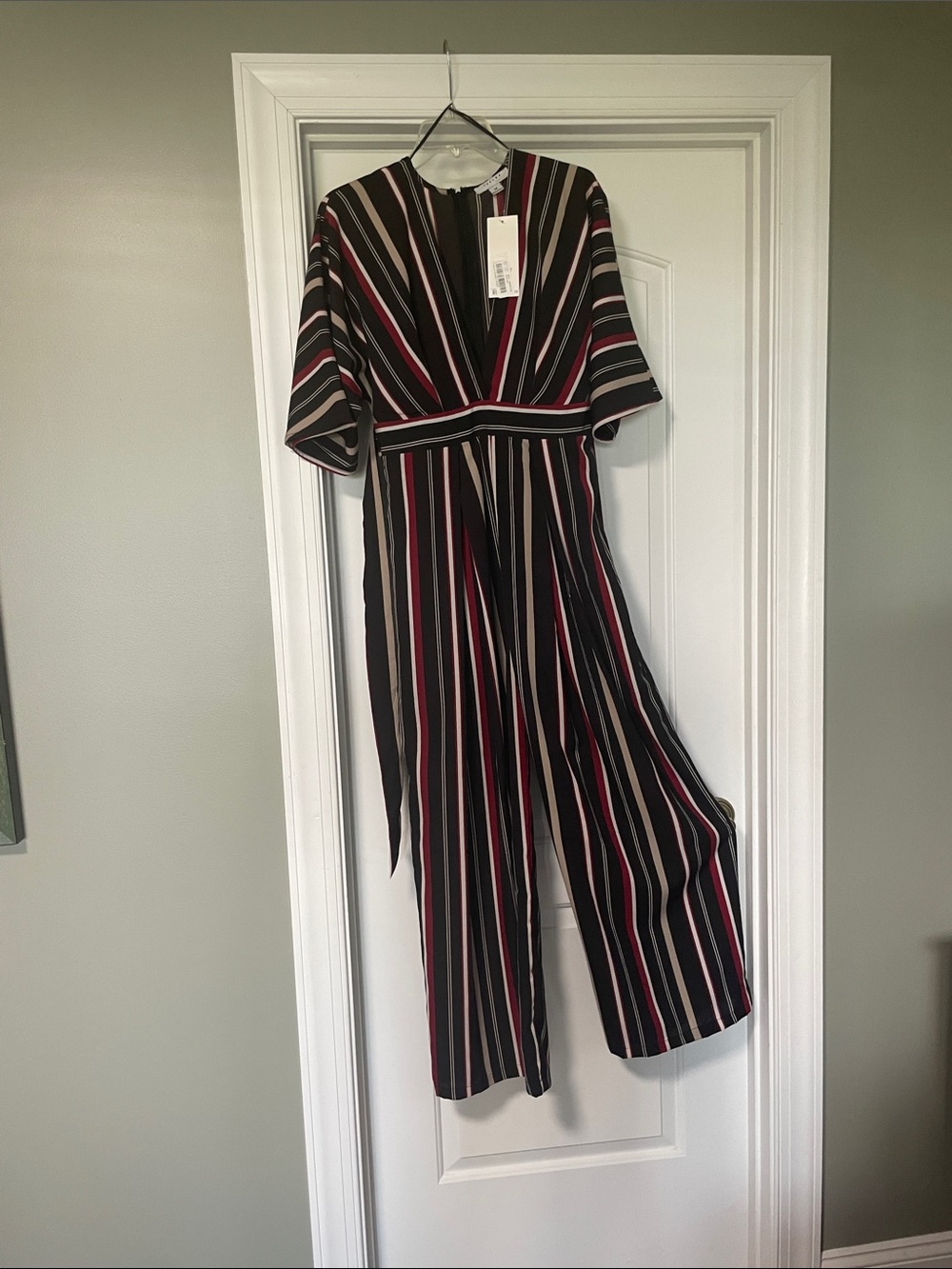 FAVLUX Black Striped V-Neck Wide-Leg Jumpsuit with Pink & Cream Stripes